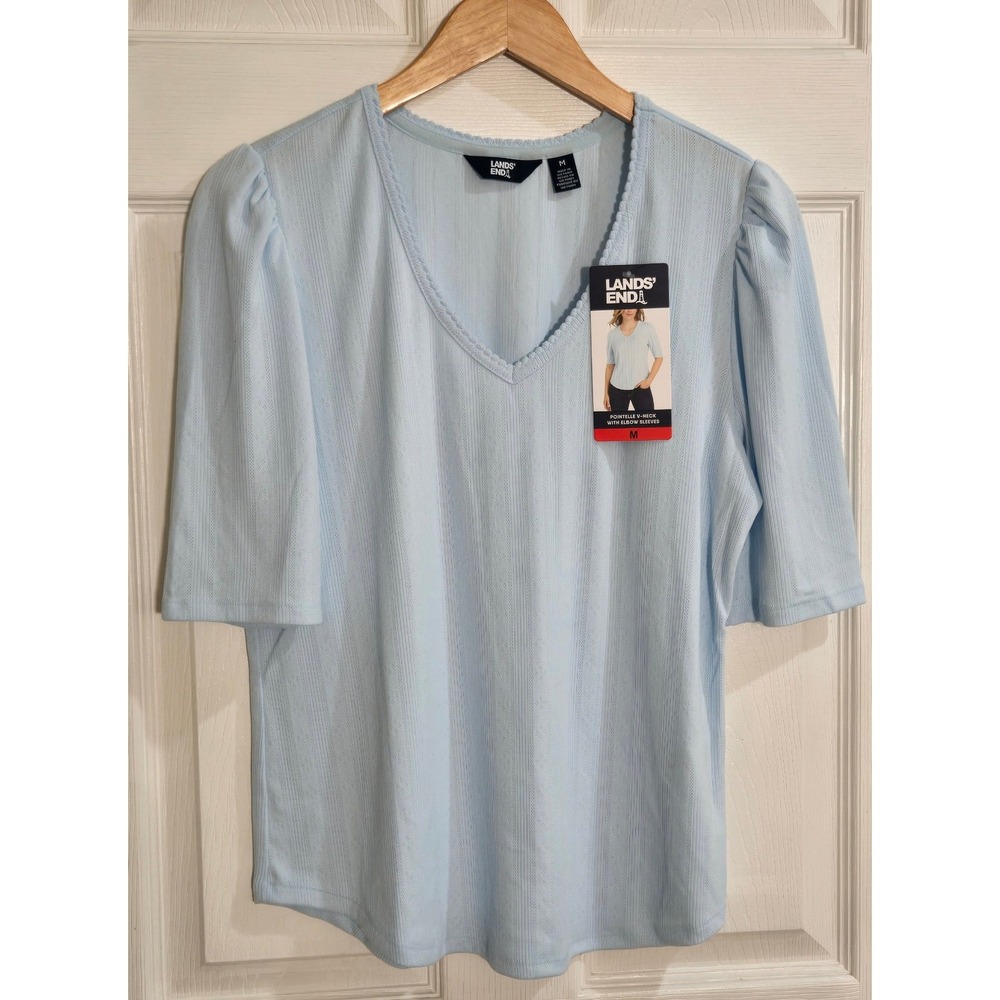 Lands End Womens Light Blue Pointelle V-Neck Top Elbow Sleeve M 1962938